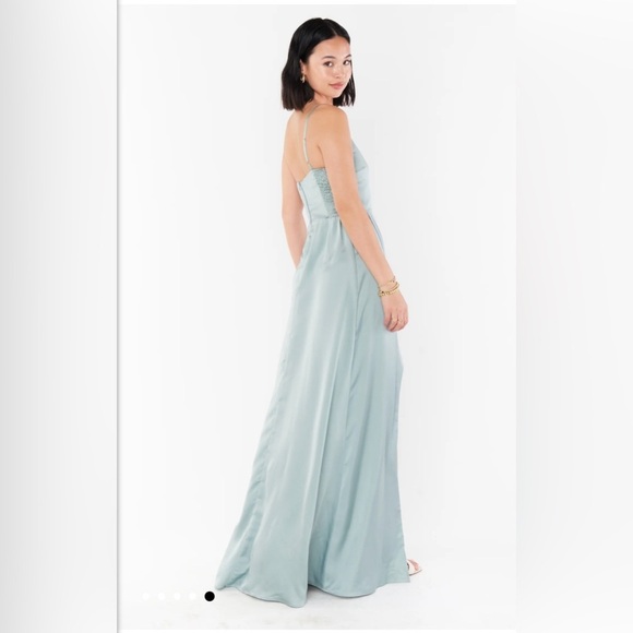 Show me Your Mumu Shannon One Shoulder Dress Silver Sage Luxe Satin Sz S NWT - Picture 4 of 12